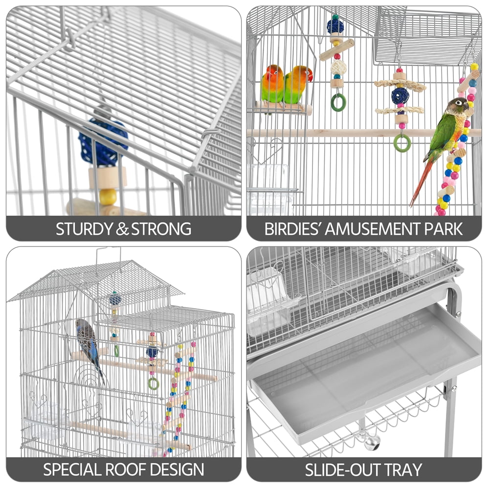 Renwick 62" Metal Rolling Bird Parrot Cage Detachable Stand, Light Gray
