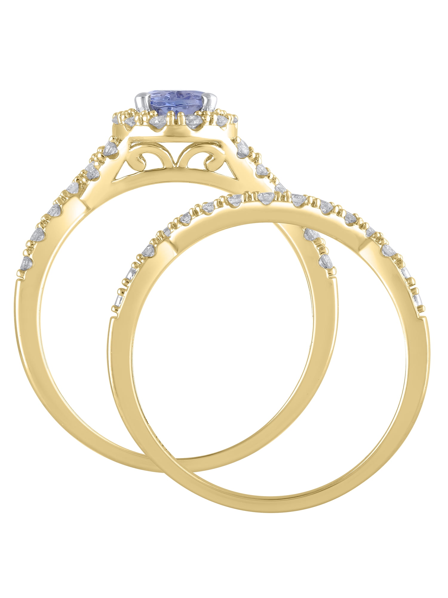 3/8 Carat T.W. (I2 clarity, H-I color) Brilliance Fine Jewelry Oval cut Tanzanite and Diamond Bridal set in 10kt Yellow Gold, Size 5