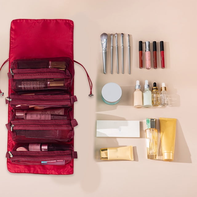 Neceser enrollable para maquillaje, organizador de viaje para artículos de aseo - 4 bolsas de nailon desmontables, estuche de cosméticos de gran capacidad para mujer | Neceser portátil para viajes,