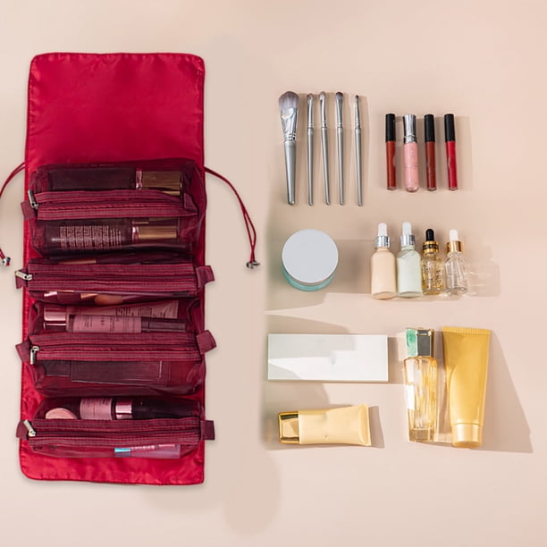 Bolsa Para Guardar Maquillaje Neceser enrollable de gran capacidad con 4 compartimentos desmontables,organizador de artículos de aseo de viaje rojo para mujer (1 pieza) Rkxzt