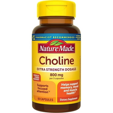 Nature Made Extra Strength Dosage Choline Supplements 800 Mg Per 3 Capsules, Brain Health, Mood, Muscle & Liver Support, Vegetarian, 60 Capsules, 20 Day Supply
