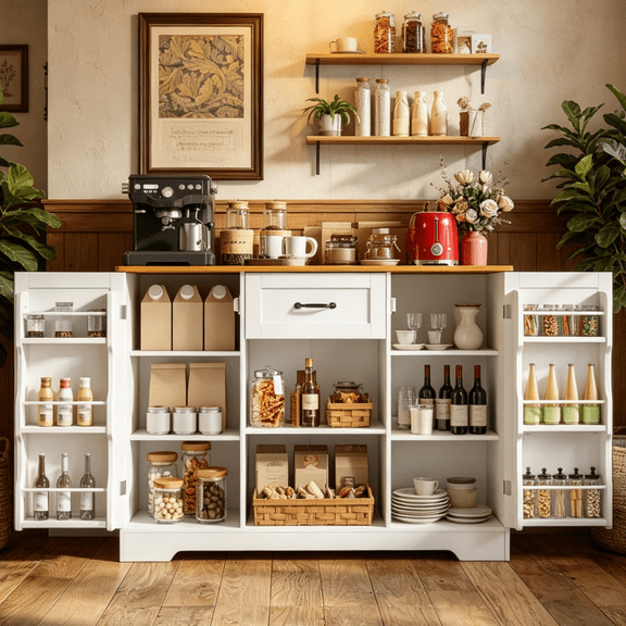 45’’ Coffee Bar Cabinet with Drawer and Doors, Noelse Pantry Sideboard Buffet Cabinet for Small Kitchen, Living Room and Bathroom, White and Rustic