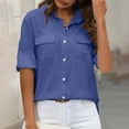 thumbnail image 3 of Juslio Womens Double Pocket Short Sleeve Shirts Turndown Collar Loose Comfortable Blue Button Tops, 3 of 8