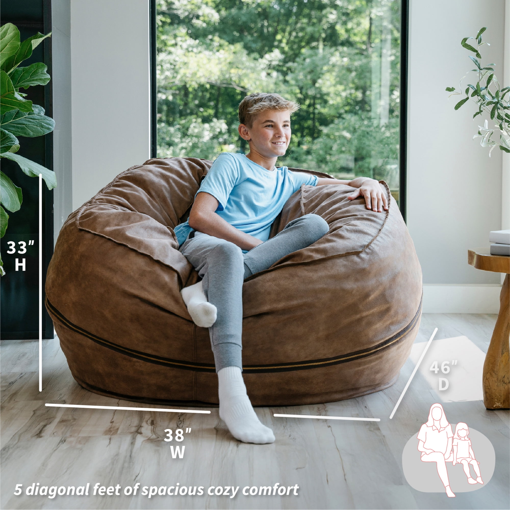 Big Joe Fuf 5Ft Oversized Foam Bean Bag Chair for Kids, Teens, Adults, Coffee Soft Vegan Leather, 5 foot Large Reading and Gaming Seat