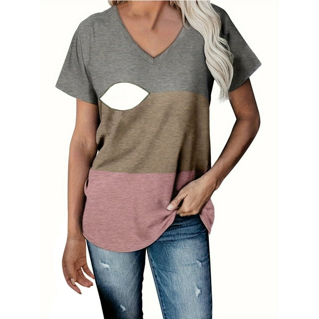 Bwiyojiz Tailles P-TTG Robe de Maternité de Printemps Mode T-Shirt à Manches Courtes d'Été Uni Col Rond Décontracté Bouton Chemisiers Réguliers Grande Taille Vêtements pour Femmes Vêtements de Grossesse, Cadeaux d'Amitié pour Femmes