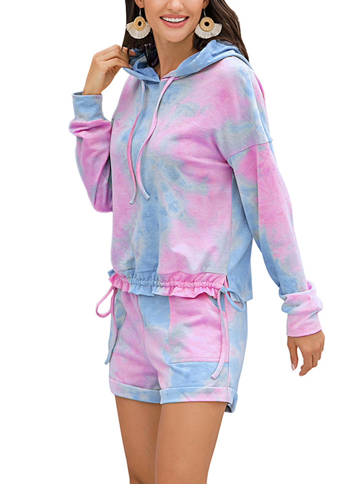 AMaVo Womens Long Sleeve Pajamas Set Hoodie Tops Sweatshirts + Shorts
