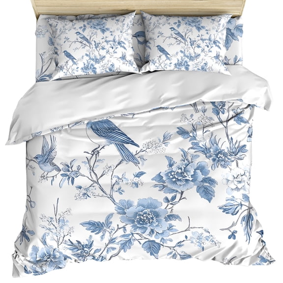 White Blue Spring Floral Duvet Cover Set, Summer Birds Botanical Soft Duvet Cover Full Size Bedding Set 4 Pieces, 1 Quiltcover and 2 Pillowcases with Zipper, 1 Bed Sheet for All Seasons