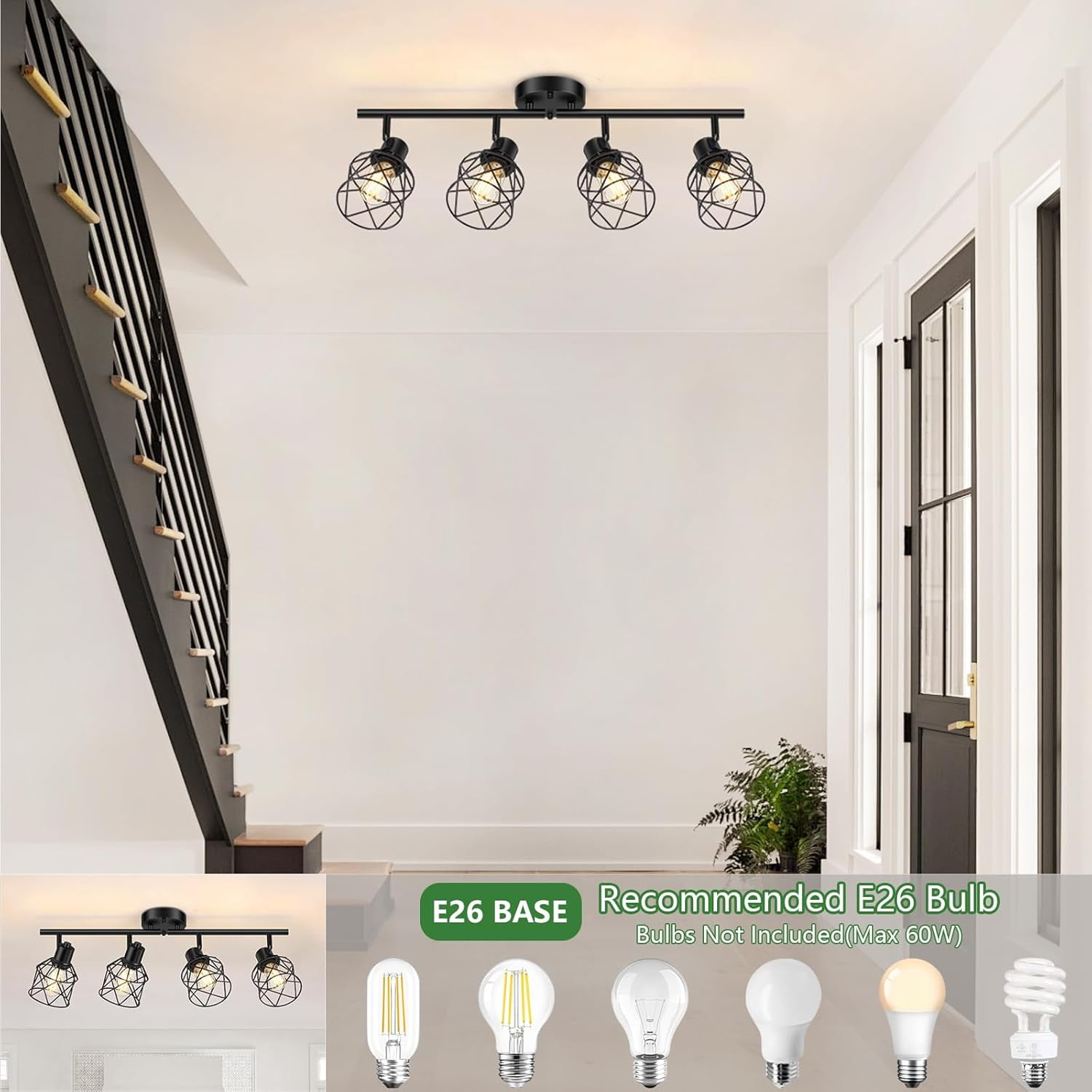 4 Light Flush Mount Ceiling Spot Light Fixture Track Lighting Fixtures Ceiling Black Flush Mount Ceiling Light with E26 Base Industrial Track Lighting for Kitchen, Living Room, Dining Room, Hallway