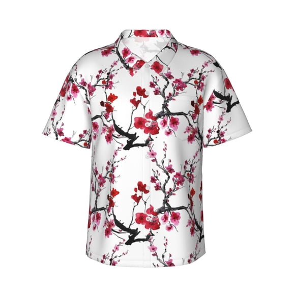 Gukieu Cherry Blossoms Print Men's Short-sleeved Shirts, Button-down Lapel Hawaiian Shirts, T-shirts, Beach Vacation Summer Casual Wear,
