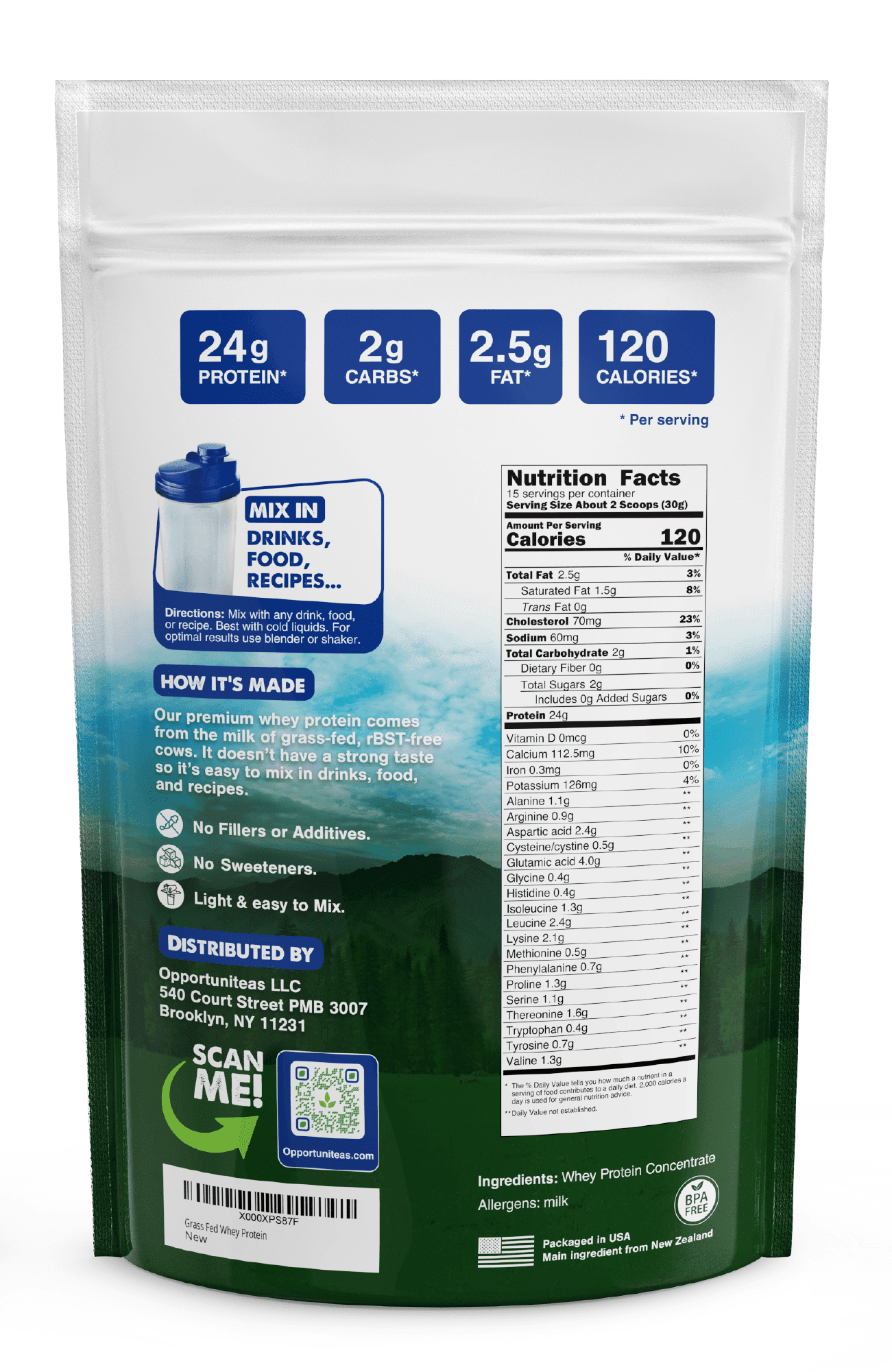 Opportuniteas - Grass Fed Whey Protein Powder Concentrate, Unflavored, 1 Ingredient, 1lb