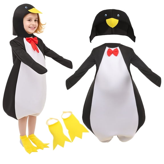 Kid's Penguin 3-Piece Matching Set Long Sleeve Jumpsuit Hat Foot Covers Funny Trick-or-Treat Dress Up Outfit