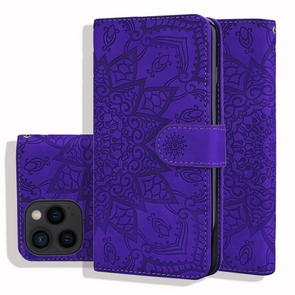 Mantto Cases for Apple iPhone 14 Pro - 6.1 inch Magnetic Wallet Case for Women Card Holder Flip Cover Embossed Mandala Flower Kickstand PU Leather Magnetic Folio with Strap, Purple