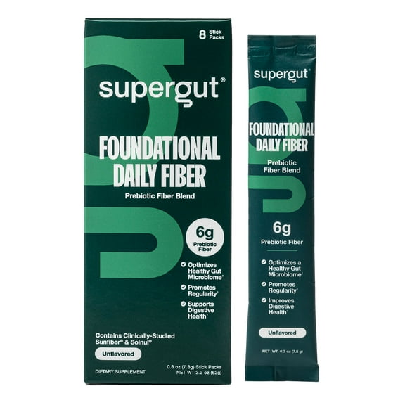 Supergut Foundational Fiber Unflavored Prebiotic Fiber Blend for Gut & Digestive Health, Stick Pack Box, 8 Servings