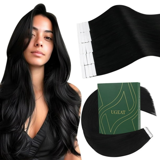 Ugeat Extensiones de cabello con cinta negra azabache de 24 pulgadas, extensiones con cinta negra, cabello humano real, extensiones de cabello humano negro azabache para peinados largos para mujeres,