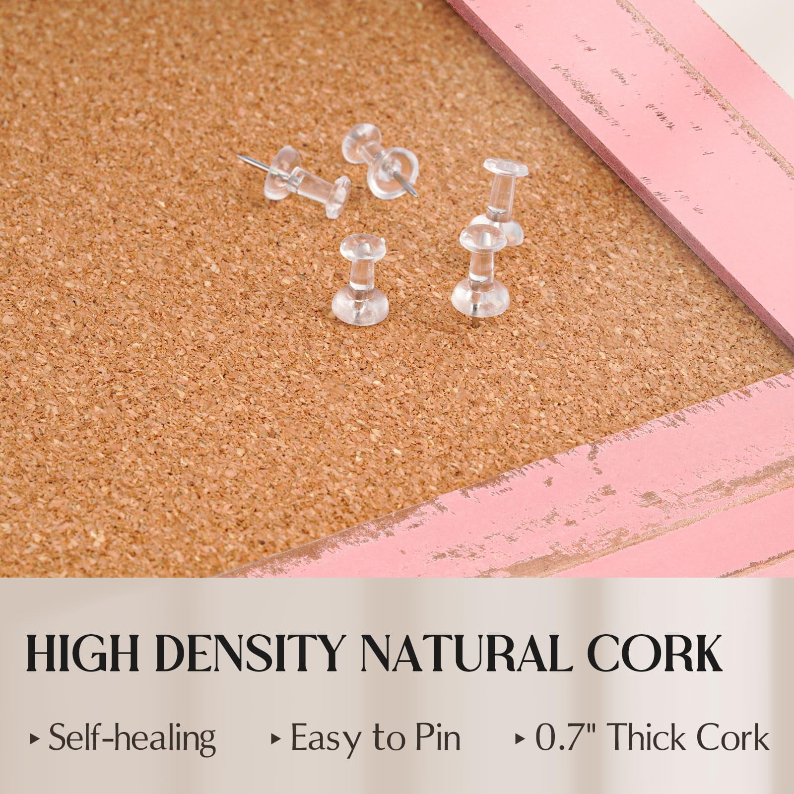 Cork Bulletin Board  24" X 18" Corkboard For Wall Pink Wooden Frame Decorative Hanging Pin Tack Home Office Decor 10 Push Pins