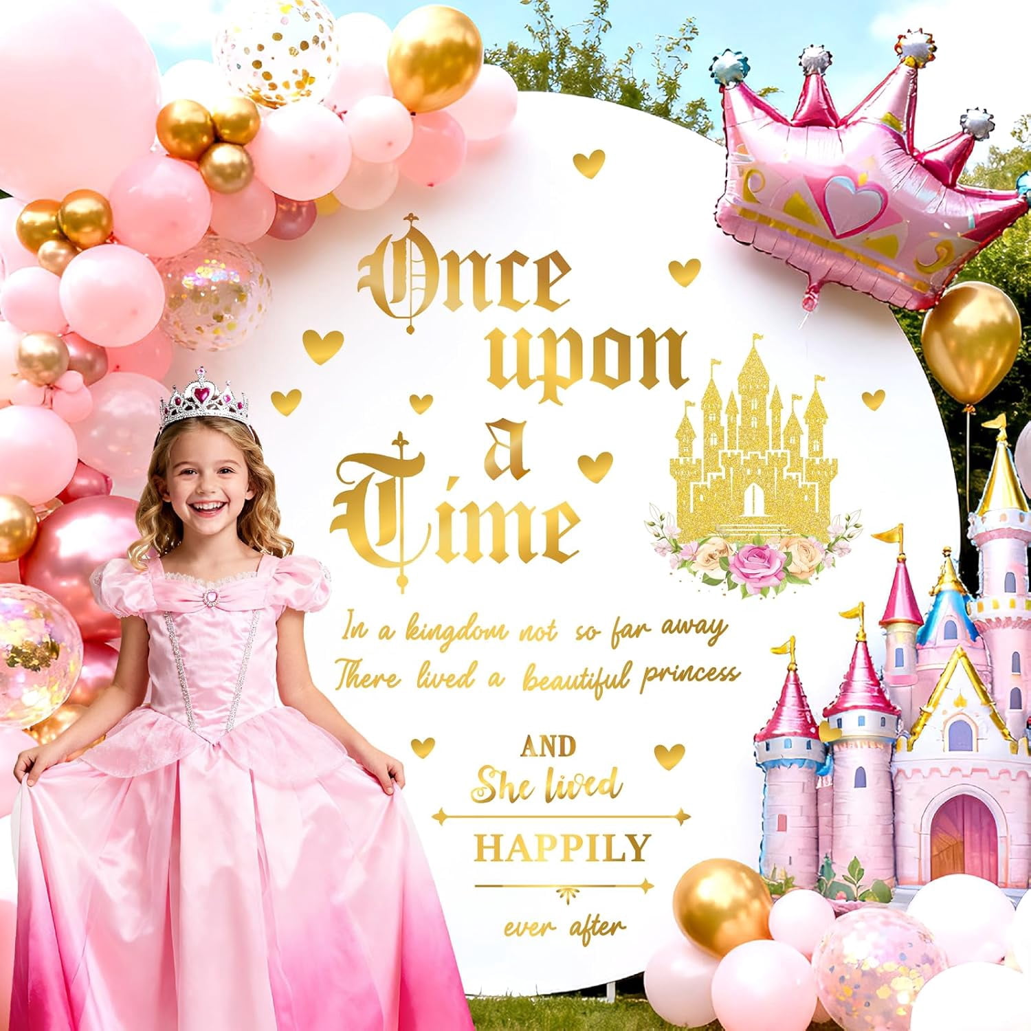 Happy Birthday Sign Sticker Once Upon a Time Decals for Backdrop Princess Birthday Party Decorations Signs for Balloon Arch Baby Girls Women Birthdays Vinyl Sticker Castle Photo Background Supplies