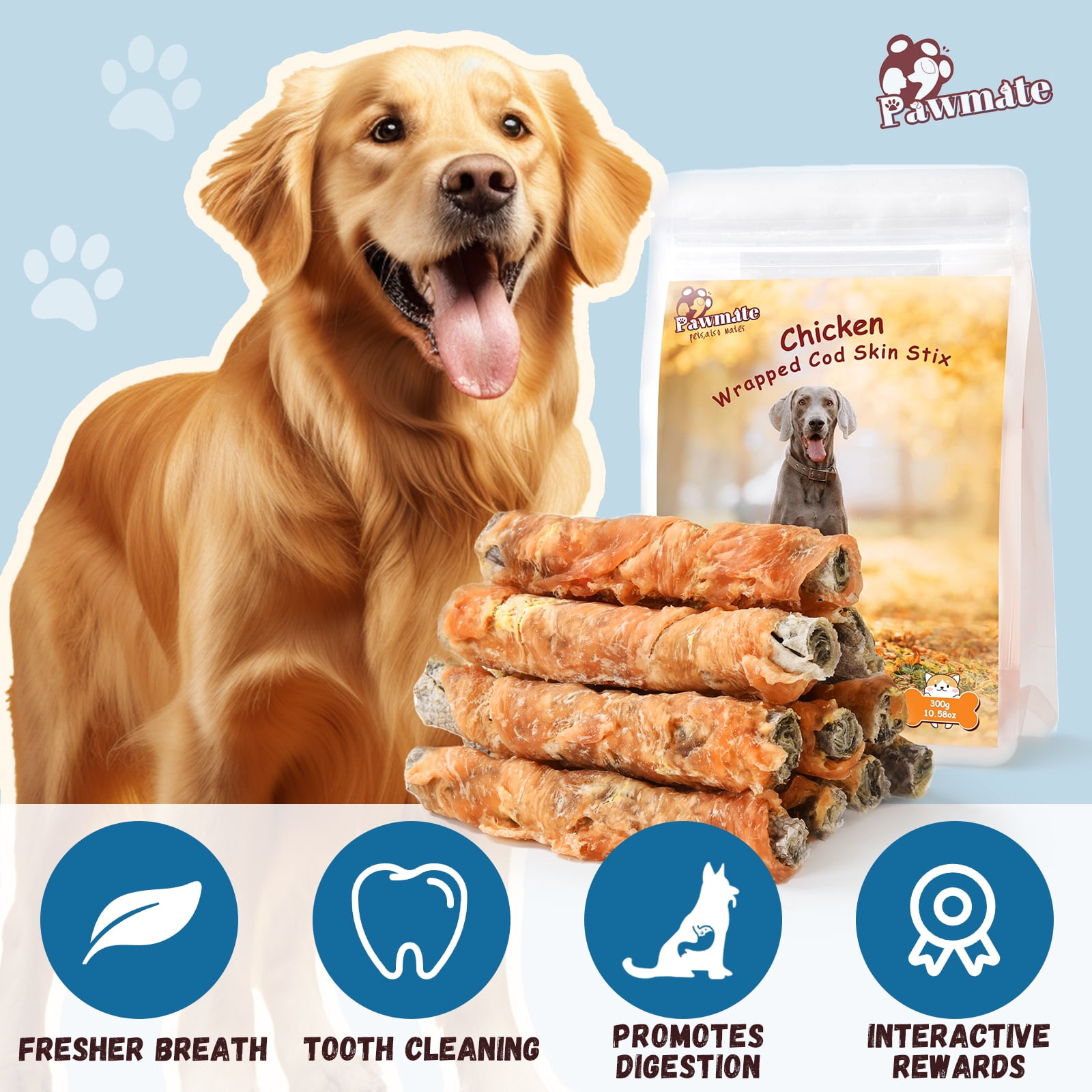 (2 pack) Pawmate Chicken Wrapped Cod Fish Skin Stick Dog Treats, Omega3 Cod Twist Dog Chews, Teeth Cleaning for All Dogs, 11 oz