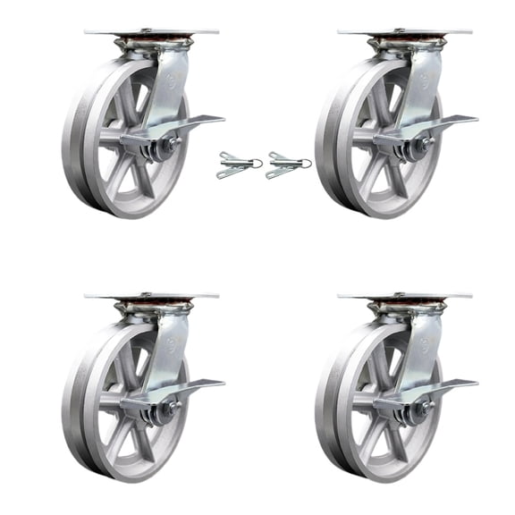 8 Inch V Groove Semi Steel Caster Set with Roller Bearing 4 Brake 2 Swivel Lock