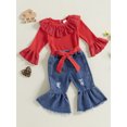 thumbnail image 4 of Miaouyo Infant Baby Girls Fall Outfits 0 3 6 9 12 18 Months Ruffle Long Sleeves Romper and Ripped Denim Flare Pants Clothes Set, 4 of 8