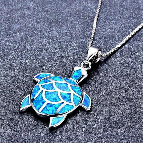 K-KED Blue Simulated Opal Sea Turtle Pendant Necklace Silver Plated Sweater Chain Gift
