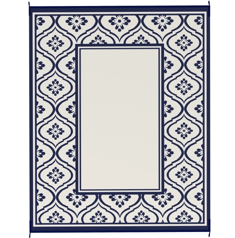 8' x 10' Blue & White Gourd Border Reversible Outdoor Patio Rug, Waterproof Plastic Straw RV Camping Mat with Carry Bag, Foldable Fade Resistant Rug