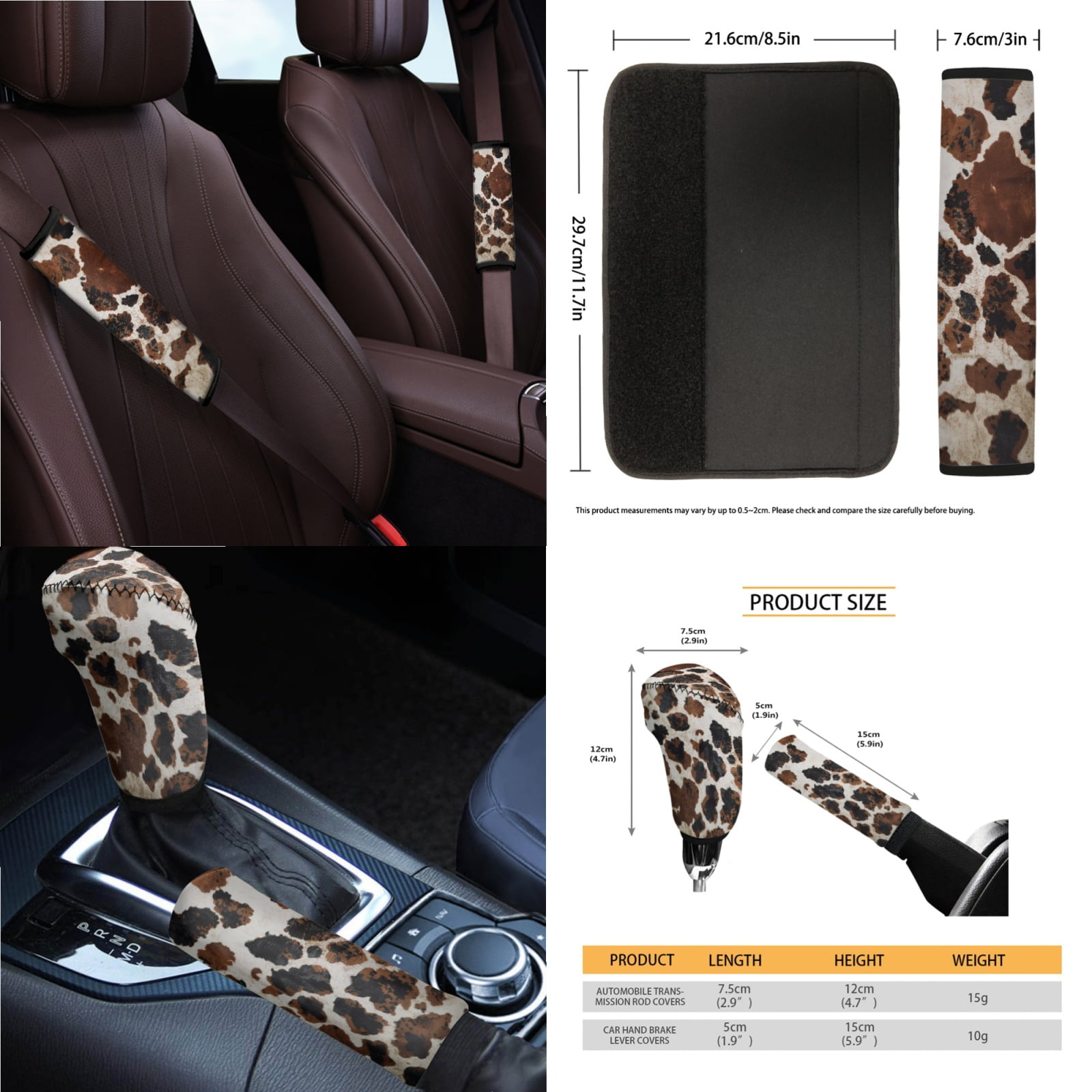 Jeiento Brown Cow Print 14 PCS Car Seat Cover Full Set with Steering Wheel Cover Seat Belt Covers Trash Can Rear View Mirror Cover Center Console Cover Cup Coasters Handbrake Cover Set
