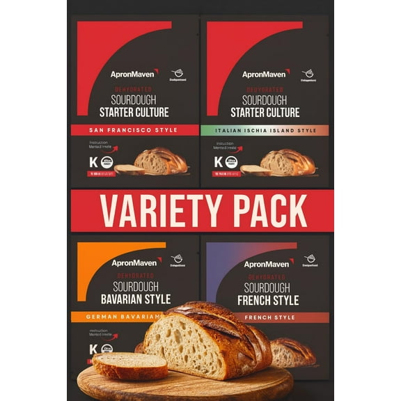 Apron Maven 4 Pack Sourdough Starter Culture Dehydrated 4 styles San Francisco, German, Italian and French