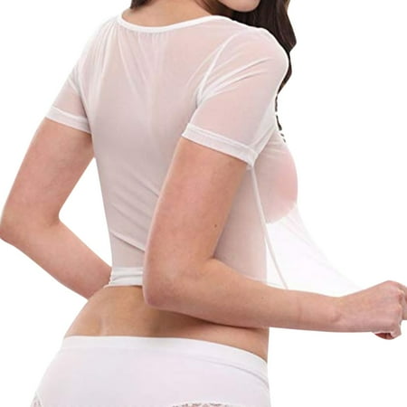 

Sexy Lingerie For Women Sets Tops Women Sheer Mesh See-Through Short Sleeve Crop Casual Shirt