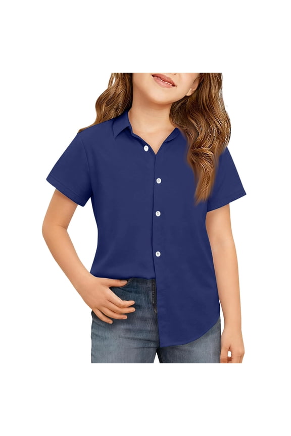 Girls Short Sleeve Dress Shirts Kids Summer School Uniform Button Down Shirt Dark Blue 4-5T
