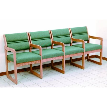 Sled Base Quad Reception Area Chairs in Solid Light Oak Frame w Upholstered Seats & Backs (Blue Arch)