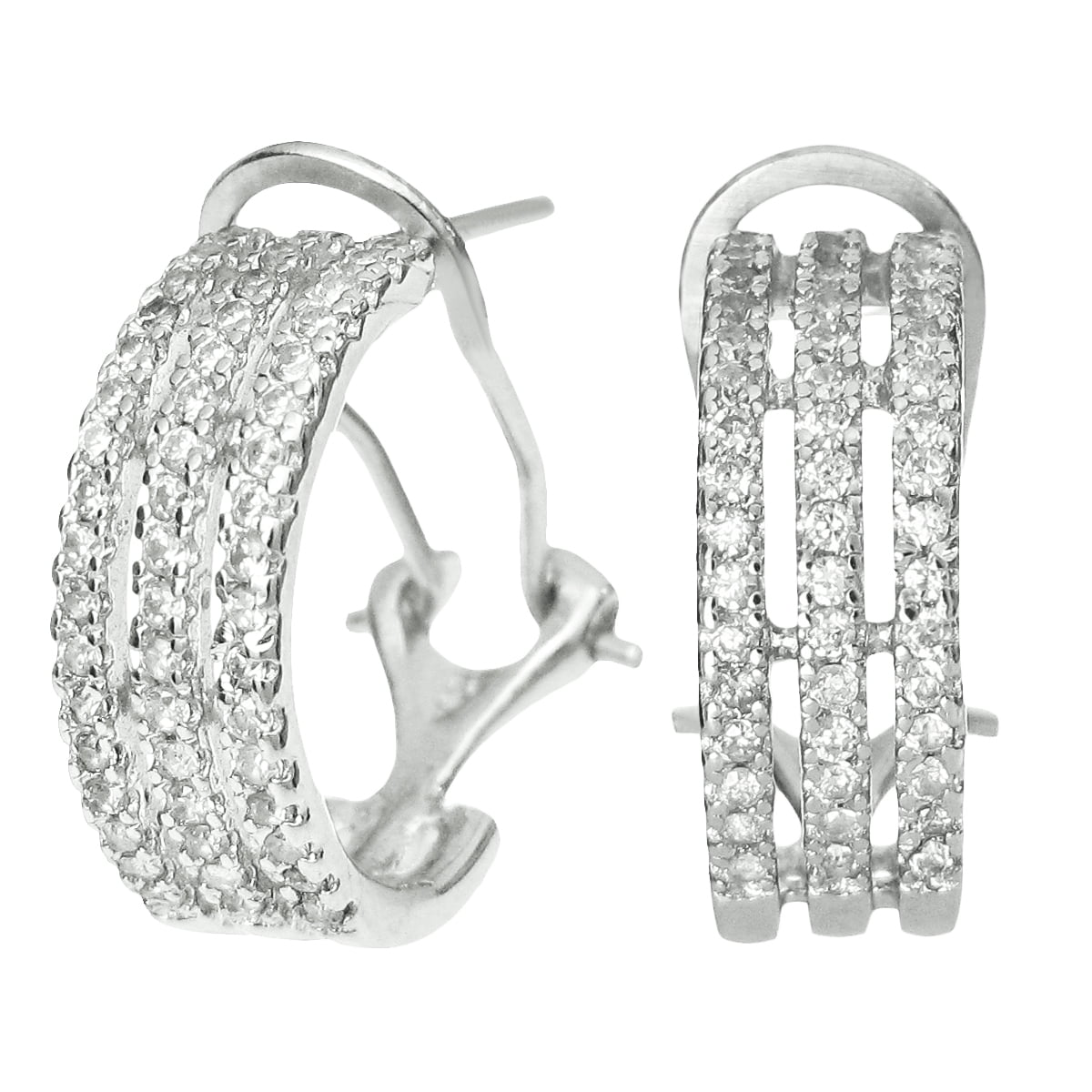 Rhodium-Plated Sterling Silver Half Hoop Clear Cubic Zirconia Crystal French Clip Earrings