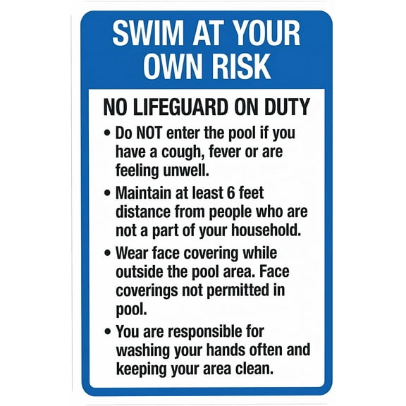Swim at Your Own Risk Warning Sign - 8"x12", Pool Rules Metal Decor for Business, Home, Outdoor/Indoor, Road, Yard, Garage, Street