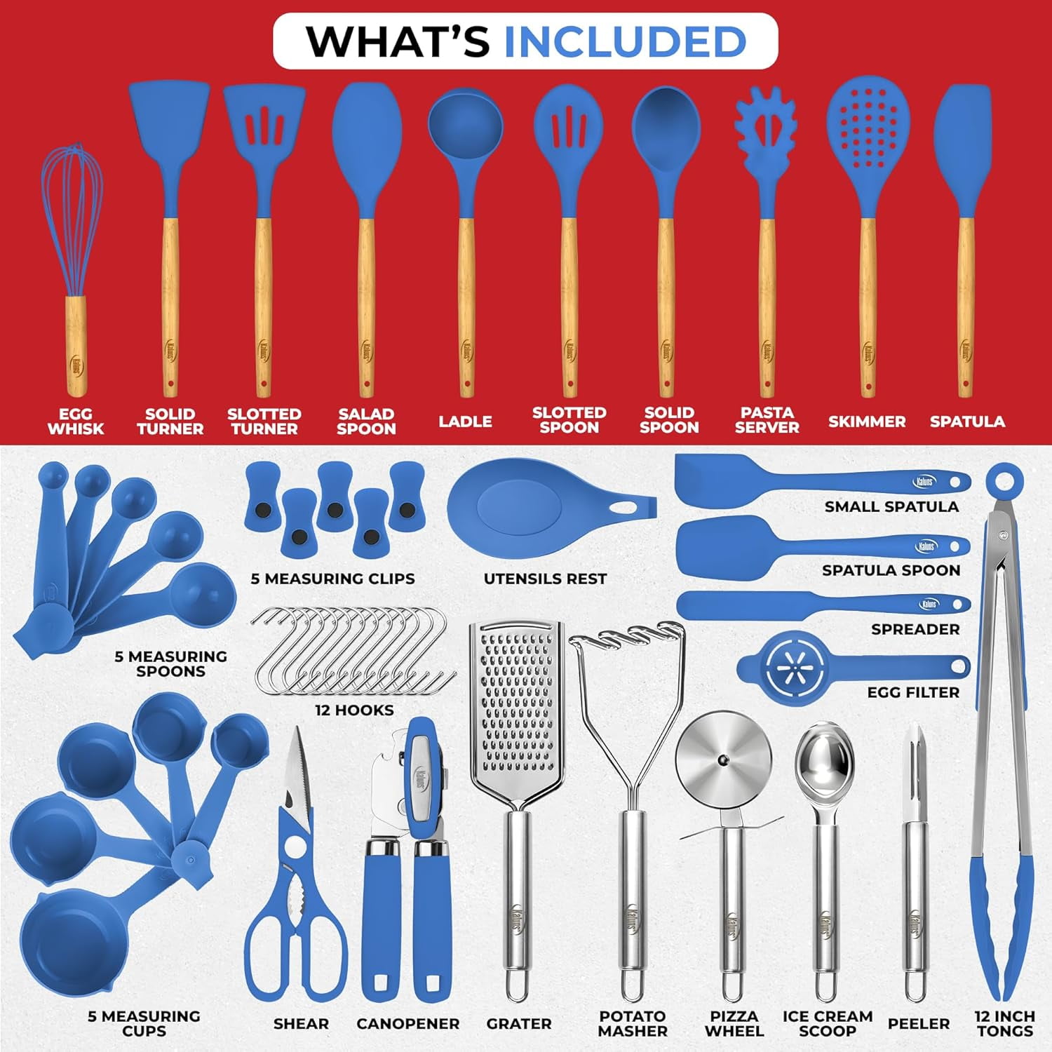Kaluns Kitchen Utensils Set, 50 Piece Silicone And Stainless Steel Cooking Utensils, Dishwasher Safe and Heat Resistant Kitchen Tools