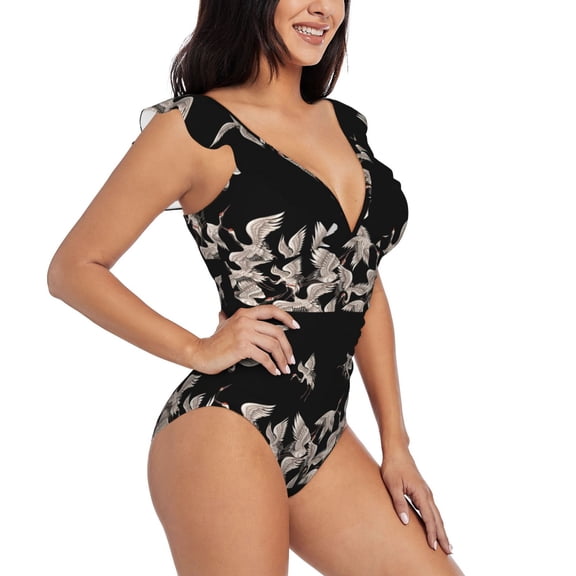 Fotbe Japanese White Crane Women's Tummy Control Swimsuits Slimming One Piece Bathing Suit Ruffle Wrap V Neck Swimwear-