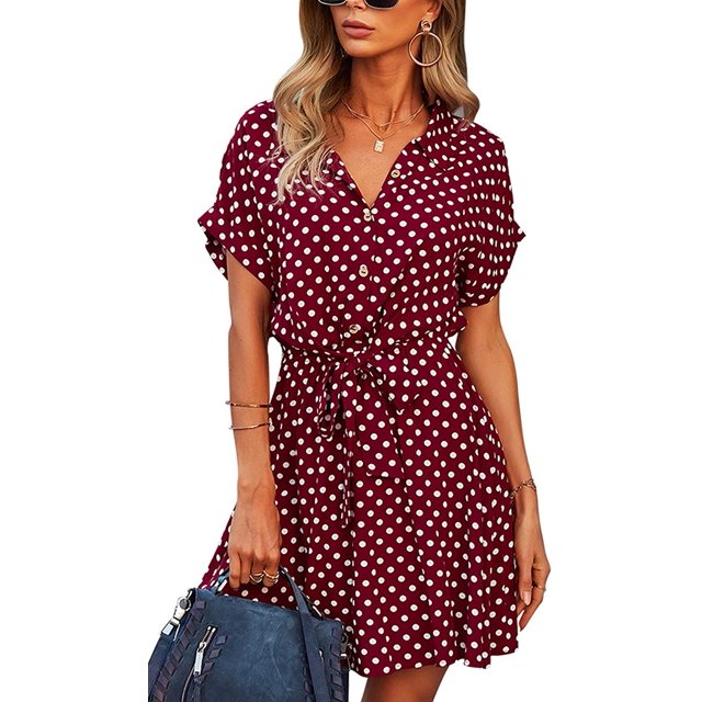 Femmes Robes Casual Manches Courtes Bouton Imprimé Floral vers le Bas V Cou Été Boho Midi Robe