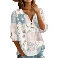thumbnail image 3 of Women's Patchwork Floral 3/4 Sleeve Blouse - V-Neck Button Down Boho Tunic Top, Lightweight Casual Loose Fit Shirt for Spring Summer Sky Blue XXL, 3 of 6