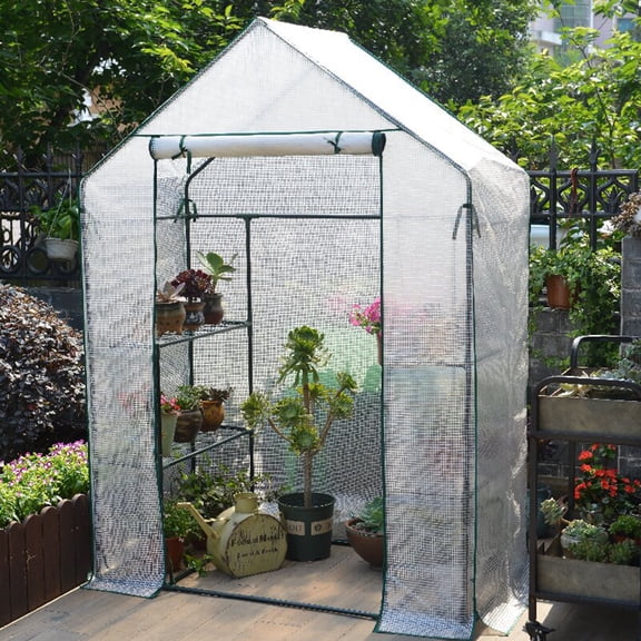 Portable Greenhouse Shed Metal Frame Walk-in Greenhouse with Roll-Up Door 3 Tier Shelves Easy Assembly Mini Greenhouse for Courtyard Balcony