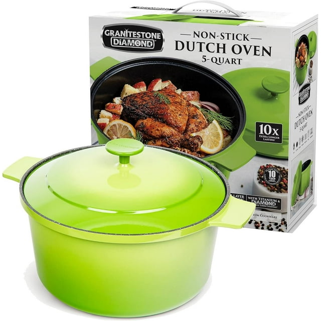 Granitestone Diamond 5 Quart Dutch Oven Pot with Lid, Ultra Nonstick & Durable Mineral & Diamond Surface, Self-Basting Lid, Metal Utensil Safe, Oven & Dishwasher Safe, 100% PFOA Free, Red
