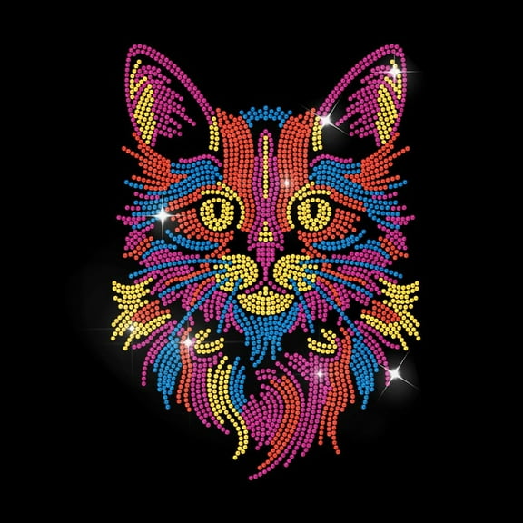 Colorful Cat Head Rhinestone Iron-On Applique Transfer Cute Cat Animal Design Sparkling DIY Patch Repair Hot Fix Applique
