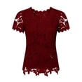 thumbnail image 5 of Lenago Wonens Tops Tops Women Tops Wimens Tops Ladies' Casual And Fashionable Round Neck Lace Petal Short Sleeved Top Wine XXL, 5 of 6