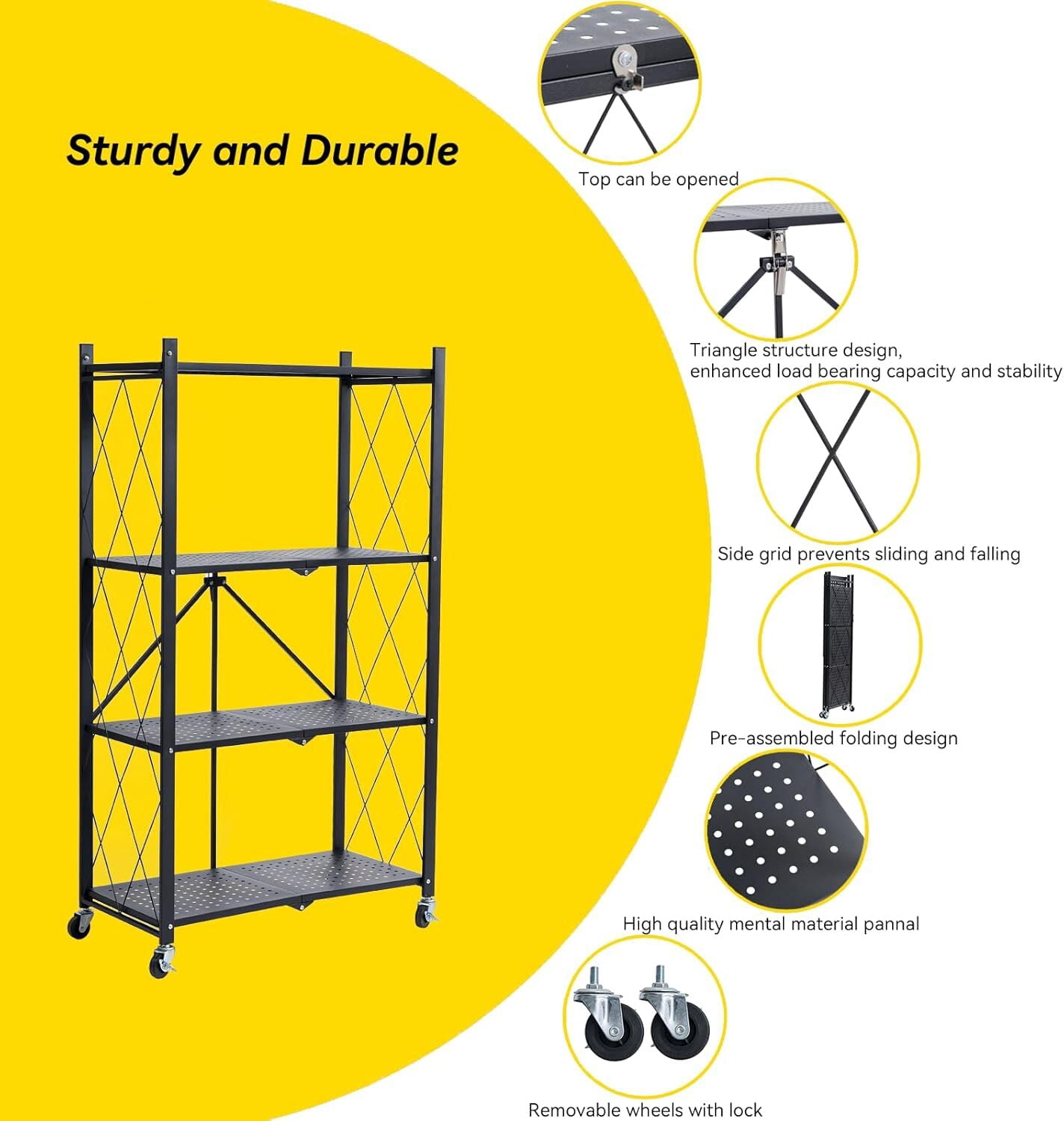 avobird 4-Tier Foldable Storage Shelf with Wheels | Metal Rack Collapsible Shelving Display | Rolling Cart for Books Kitchen Storage Shelves | Pantry & Closet Organizer | Office Room Decor