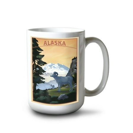 

15 fl oz Ceramic Mug Alaska Dall Sheep and Mountain Lithograph Dishwasher & Microwave Safe