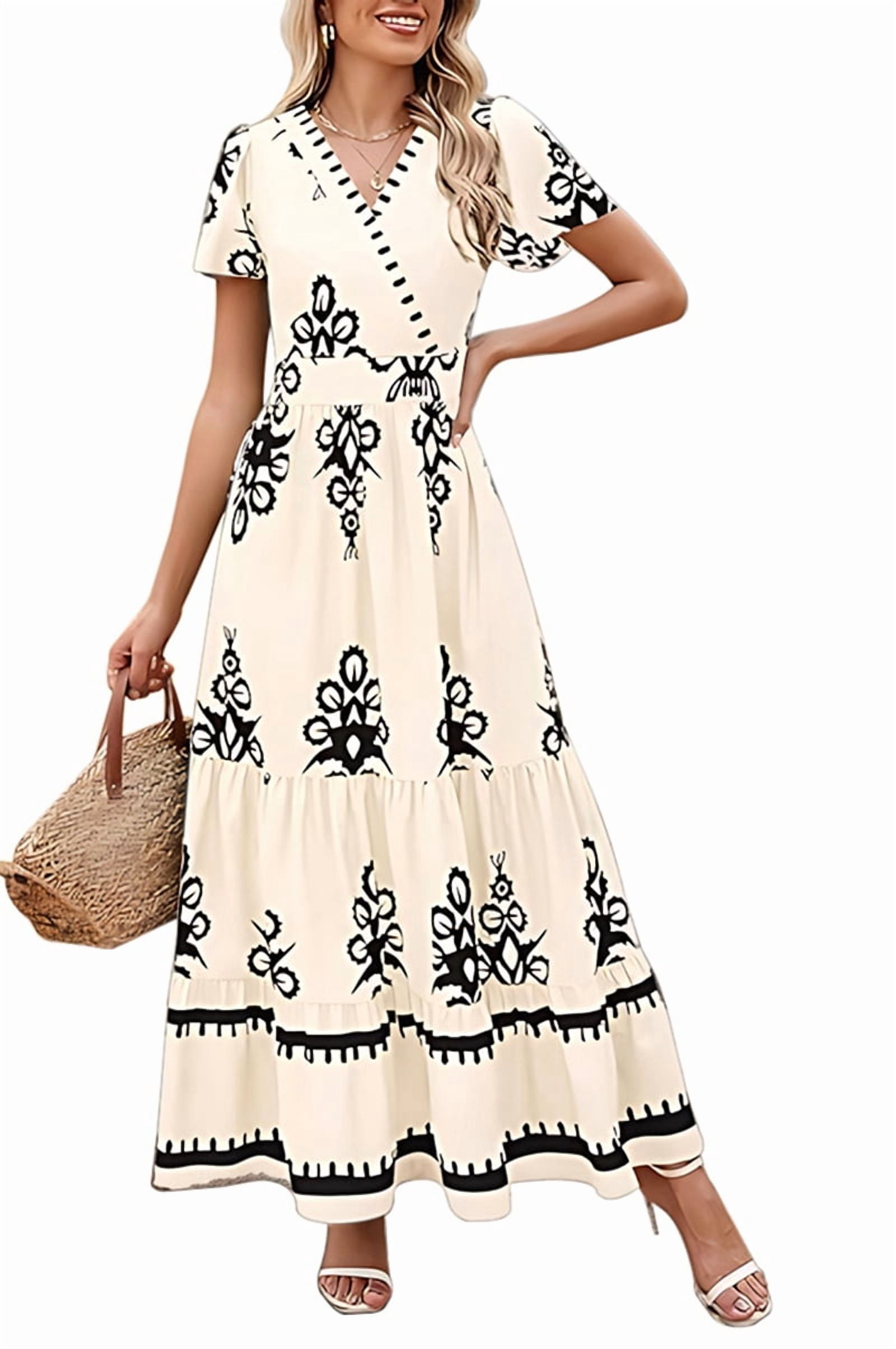 Womens 2025 Summer Casual V Neck Boho Maxi Dress Flowy Aline Bell Sleeve Tiered Floral Dresses with Pocket S