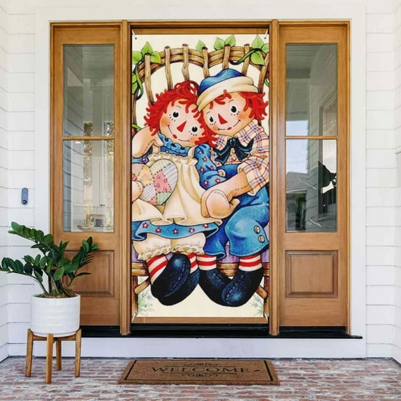 Door Cover Decoration Raggedy Ann and Andy Hanging Banner Backdrop Tapestry Outdoor Party Decor 72.8 x 35.4 Inch