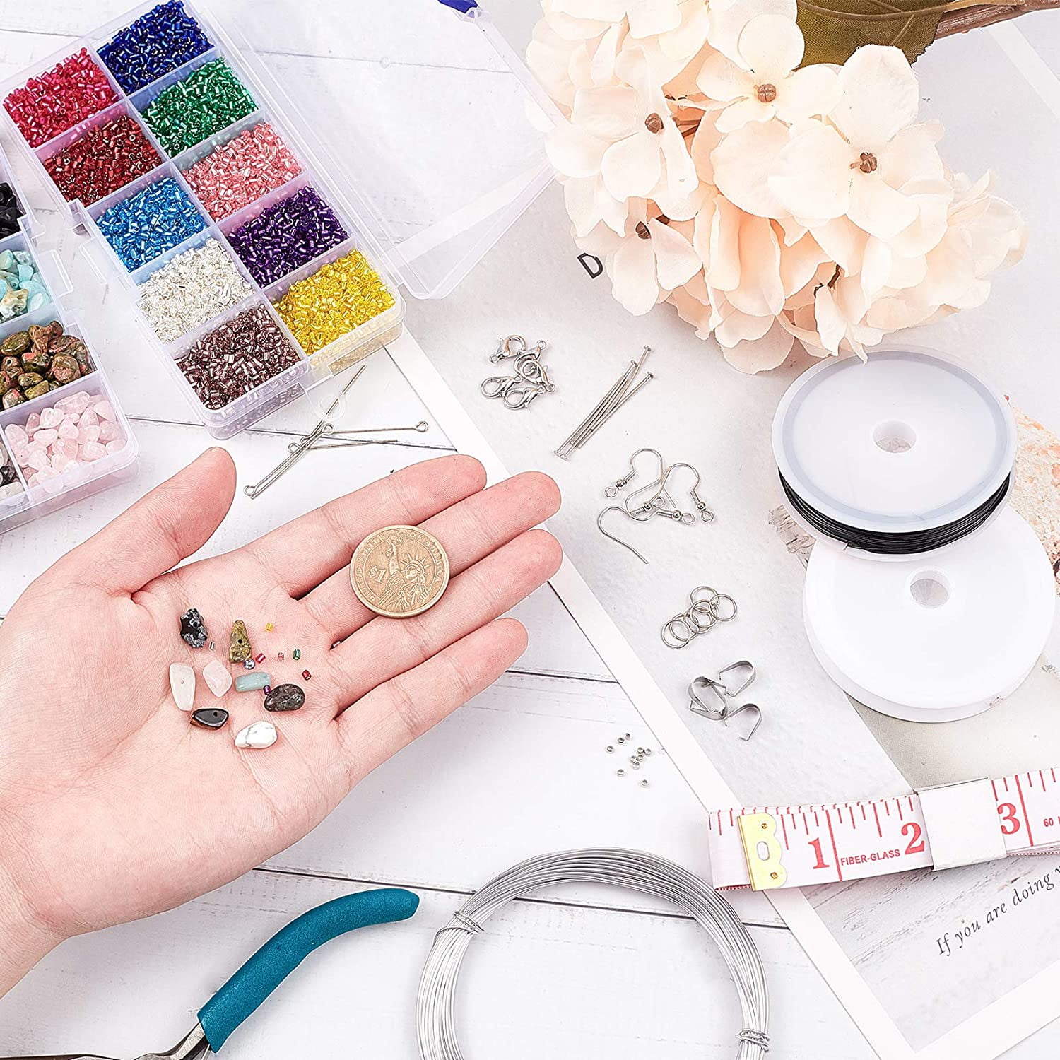 Jewelry Making Kit 430 pcs 10 Colors Natural Chip Stone Beads 110g 2mm Seed Beads Crimp Beads Jump Rings Ice Pick Pinch Bail Earring Hook Lobster Claw Clasp Head Pin for Bracelet Making Gemstone