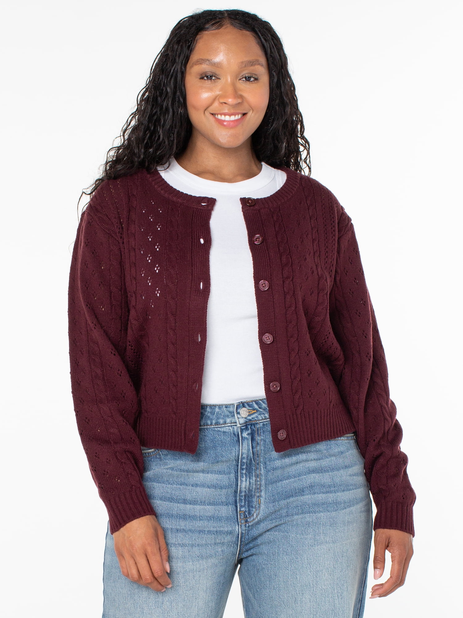 Celebrity Pink Women's Pointelle Crew Neck Cardigan Sweater, Sizes XS-4X