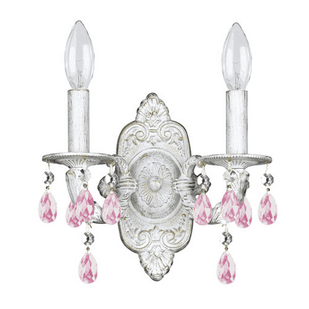 Rose Colored Crystal (Wall Sconces 2 Light With Antique White Rose Colored Hand Cut Rosa Crystal Wrought Iron 11 inch 120 Watts - World of)