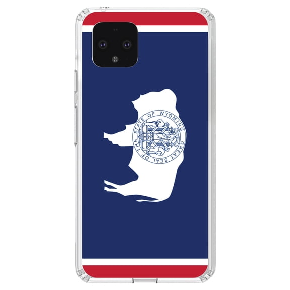 DistinctInk Clear Shockproof Hybrid Case for Google Pixel 4 (5.7" Screen) - TPU Bumper, Acrylic Back, Tempered Glass Screen Protector - Wyoming State Flag - US State Flag