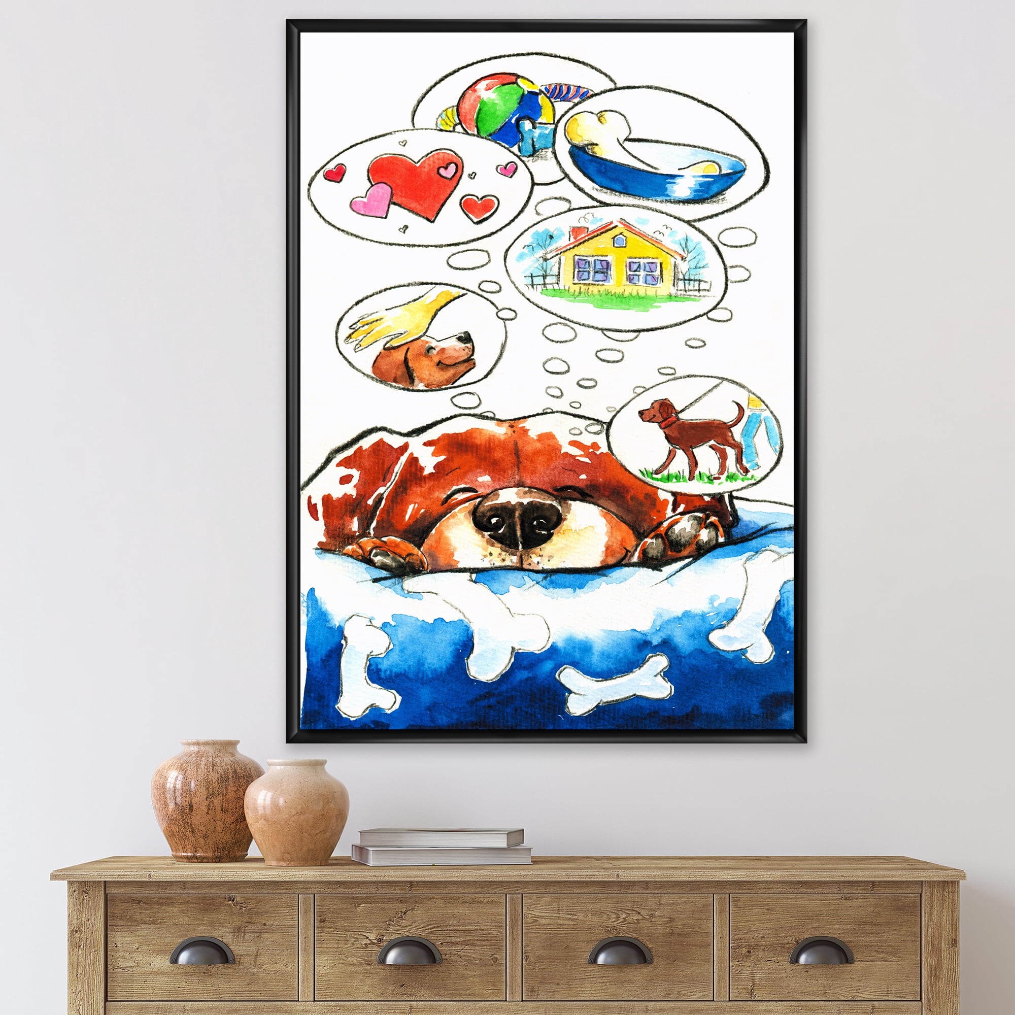 Designart 'Dog Having Dreams' Children's Art Framed Canvas Wall Art Print