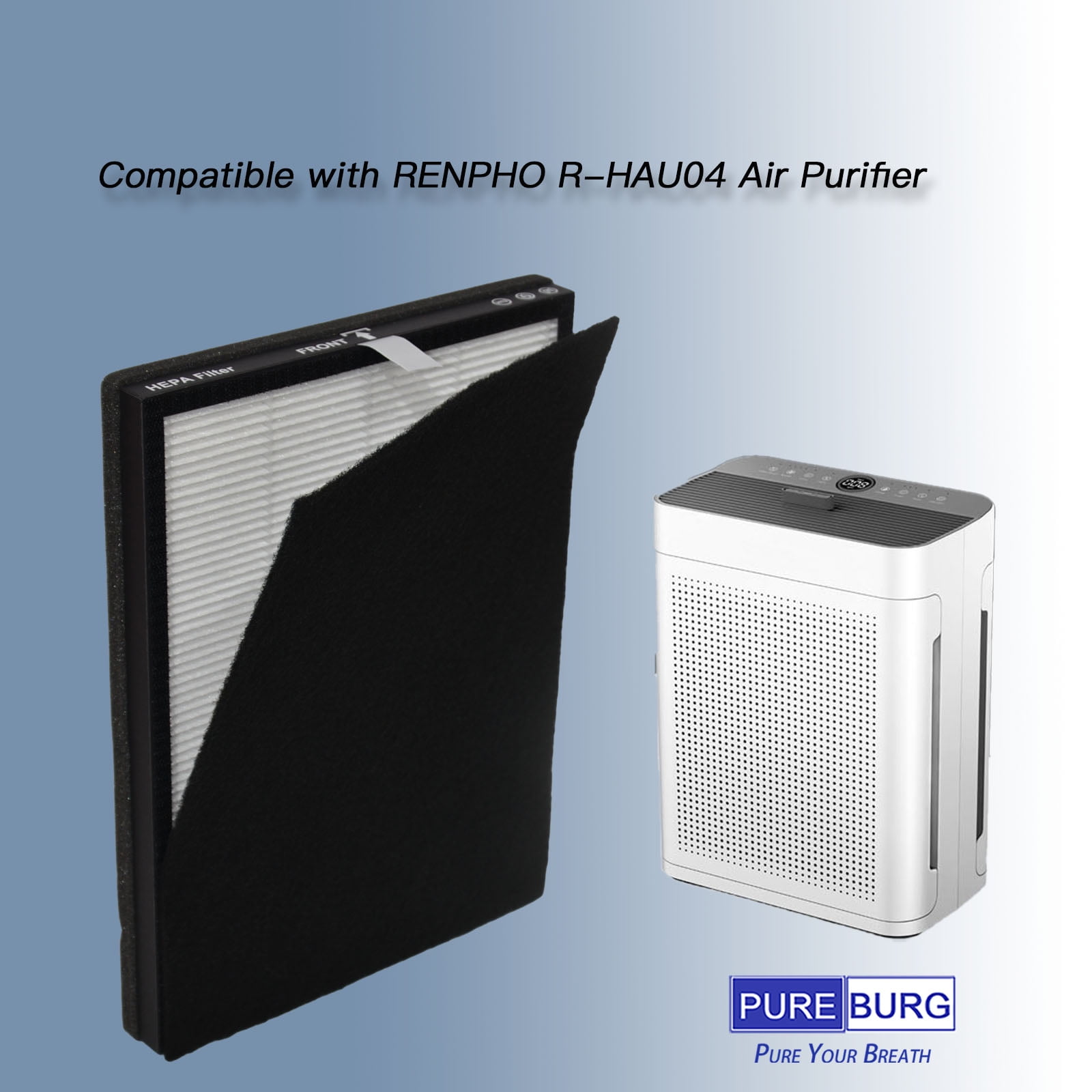PUREBURG Replacement Filter Compatible with RENPHO R-HAU04 HAU04 Air Purifier, 4 x H13 HEPA & 8 Activated Pre-Filters 3-Stage Filtration For Air Clean Dust VOCs Odor